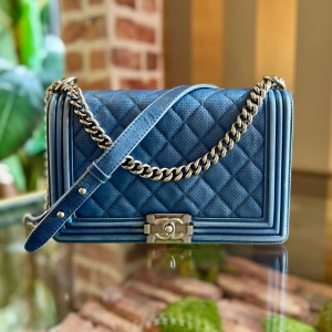 CHANEL Medium Boy Blue Metallic Calfskin Perforated Shoulder Flap Bag