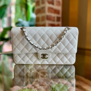 CHANEL Medium Double Flap White Caviar Leather Shoulder
