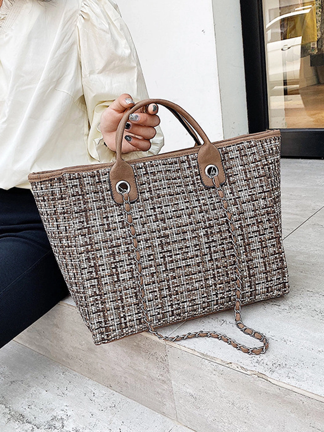 Chic Tweed Chain Tote Bag