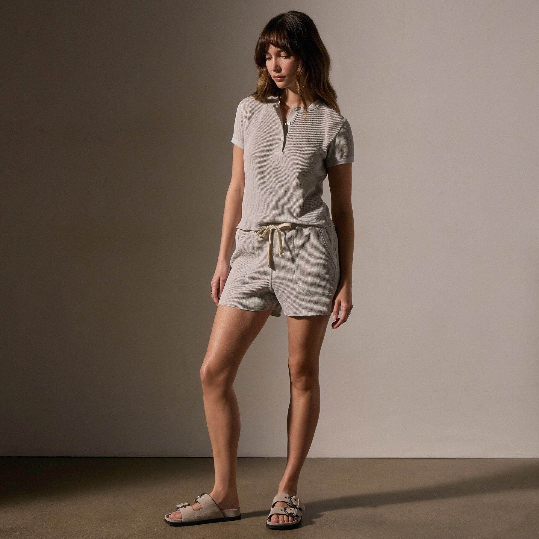 Cotton Linen Waffle Henley - Salt
