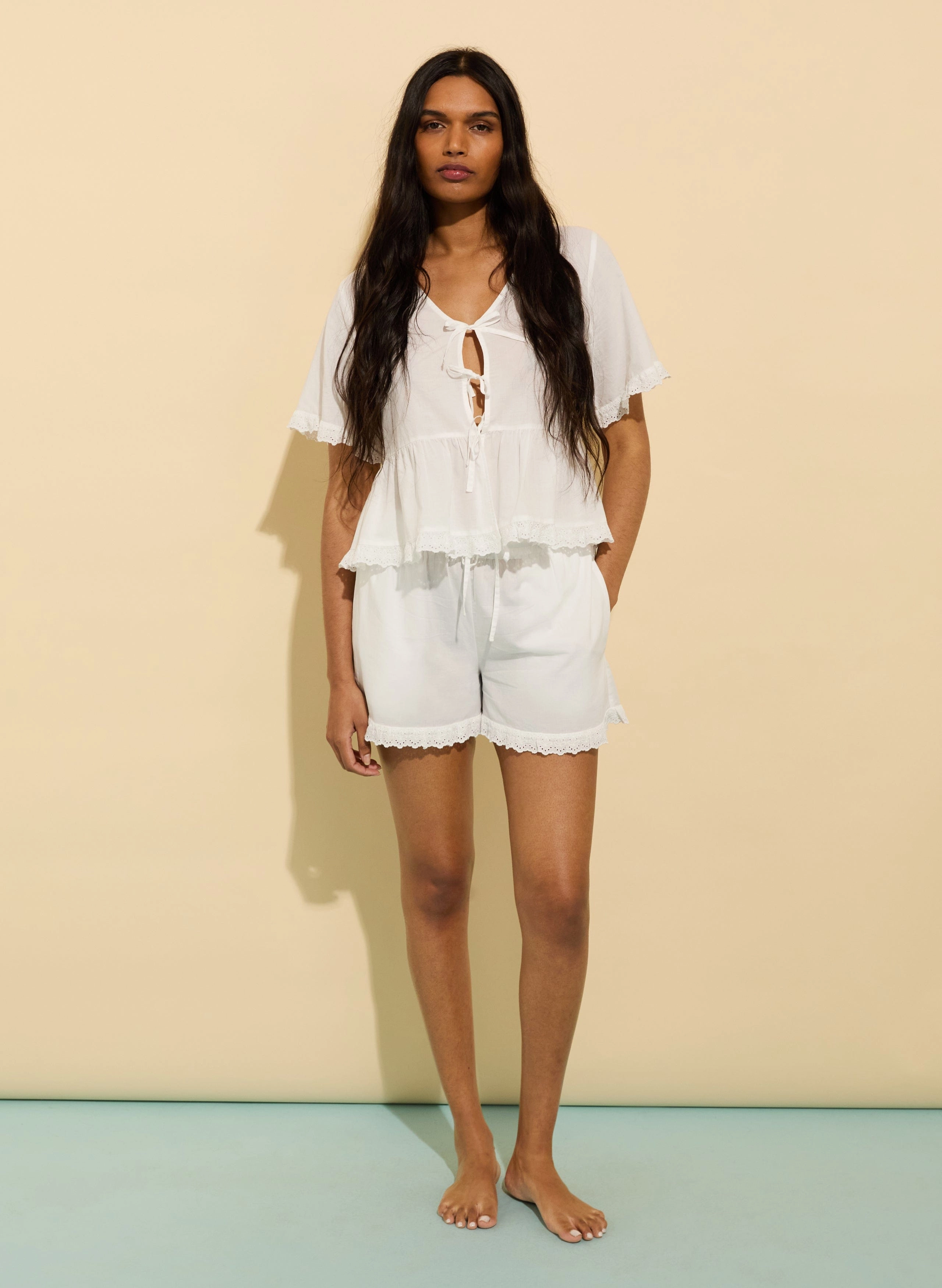 Leona Organic Cotton Broderie Detail Pyjama Shorts | Soft White