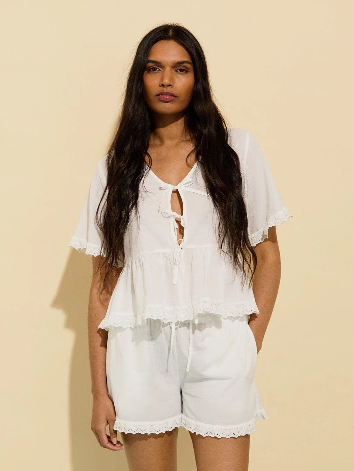 Leona Organic Cotton Broderie Detail Pyjama Shorts | Soft White