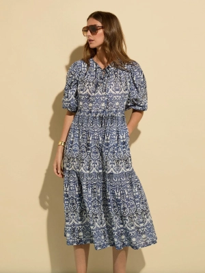 Mathilda Organic Cotton Kaftan Dress | Blue Stencil Geo