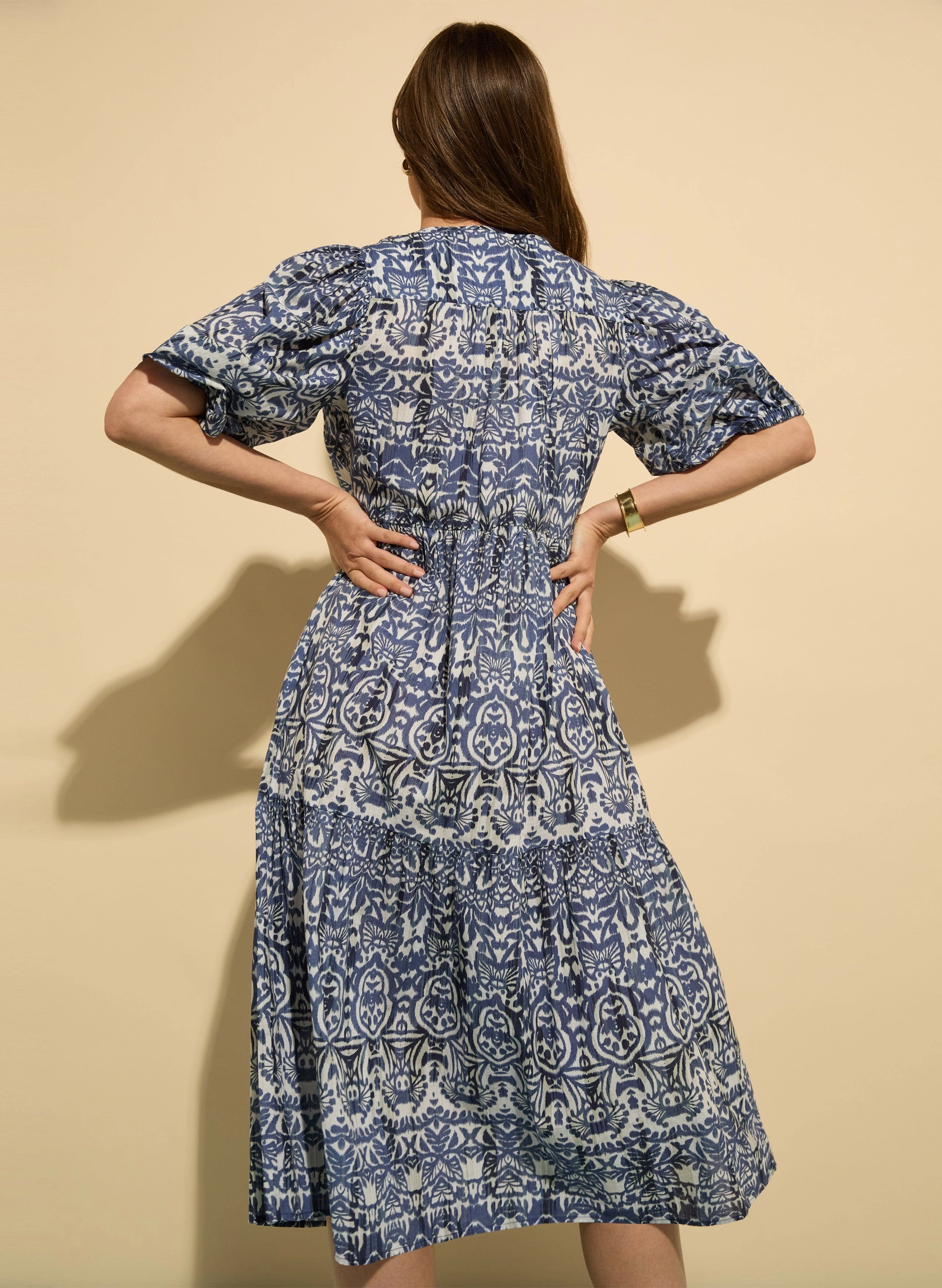 Mathilda Organic Cotton Kaftan Dress | Blue Stencil Geo