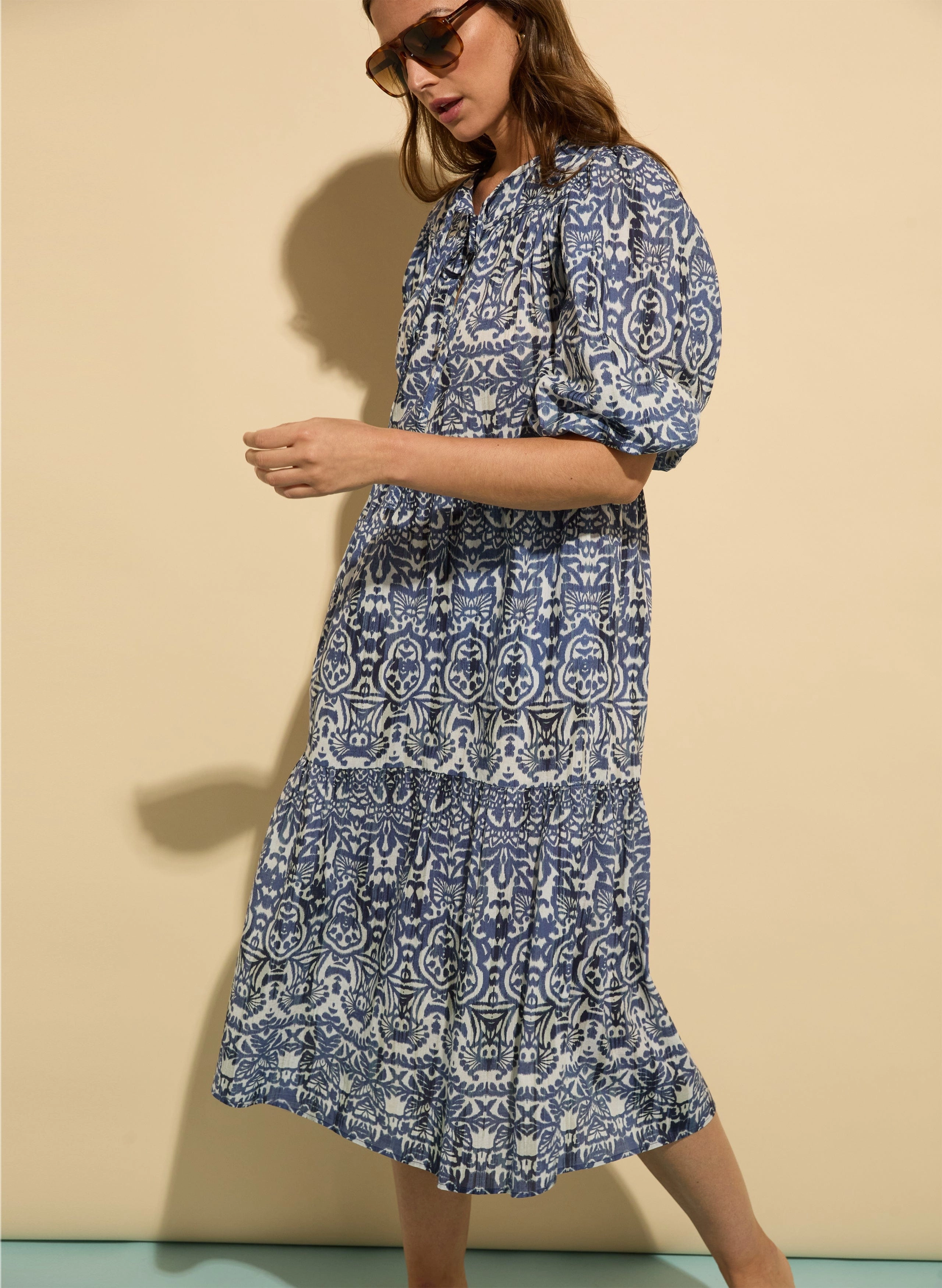 Mathilda Organic Cotton Kaftan Dress | Blue Stencil Geo