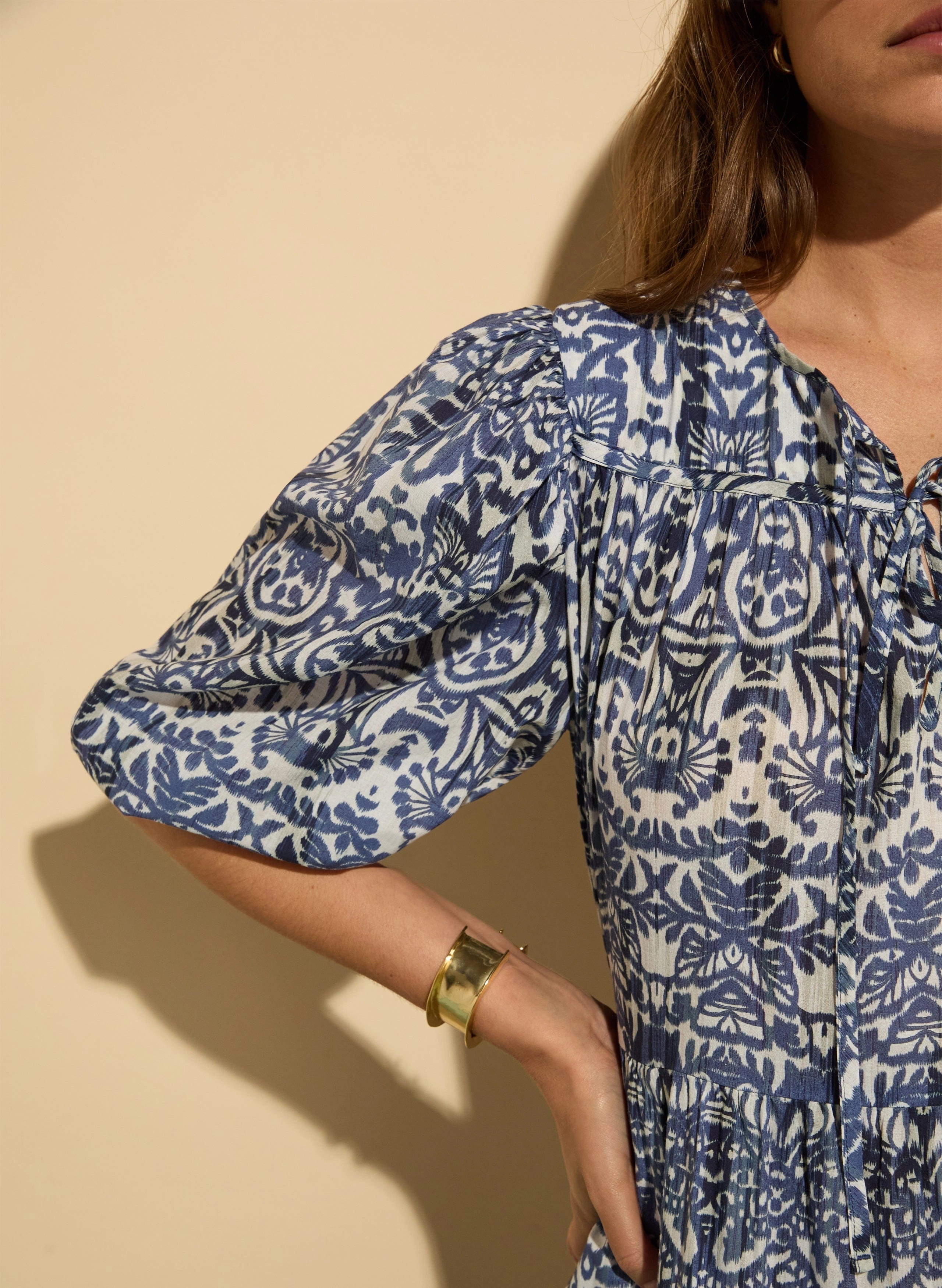 Mathilda Organic Cotton Kaftan Dress | Blue Stencil Geo